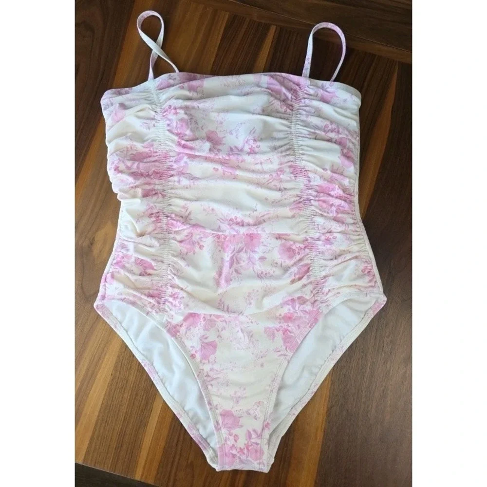 Shade & Shore One Piece Swimsuit Women XL Pink Floral Ruched Toile Strappy (359)